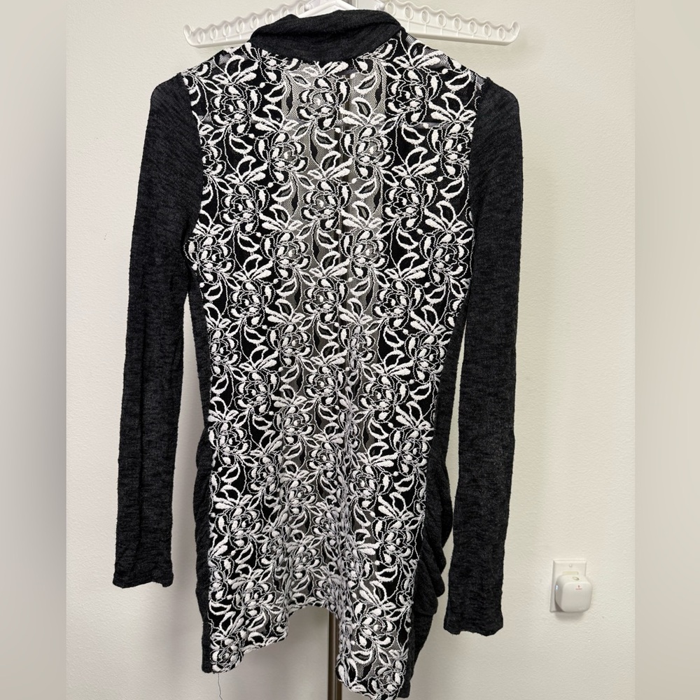 Wet Seal Gray Open Front Cardigan Lace Back Ruched Pockets Long Sleeve Women S